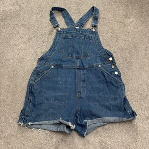 H&M Denim Bib Overalls Shorts Womens Medium Blue Distressed Rolled Hem Casual